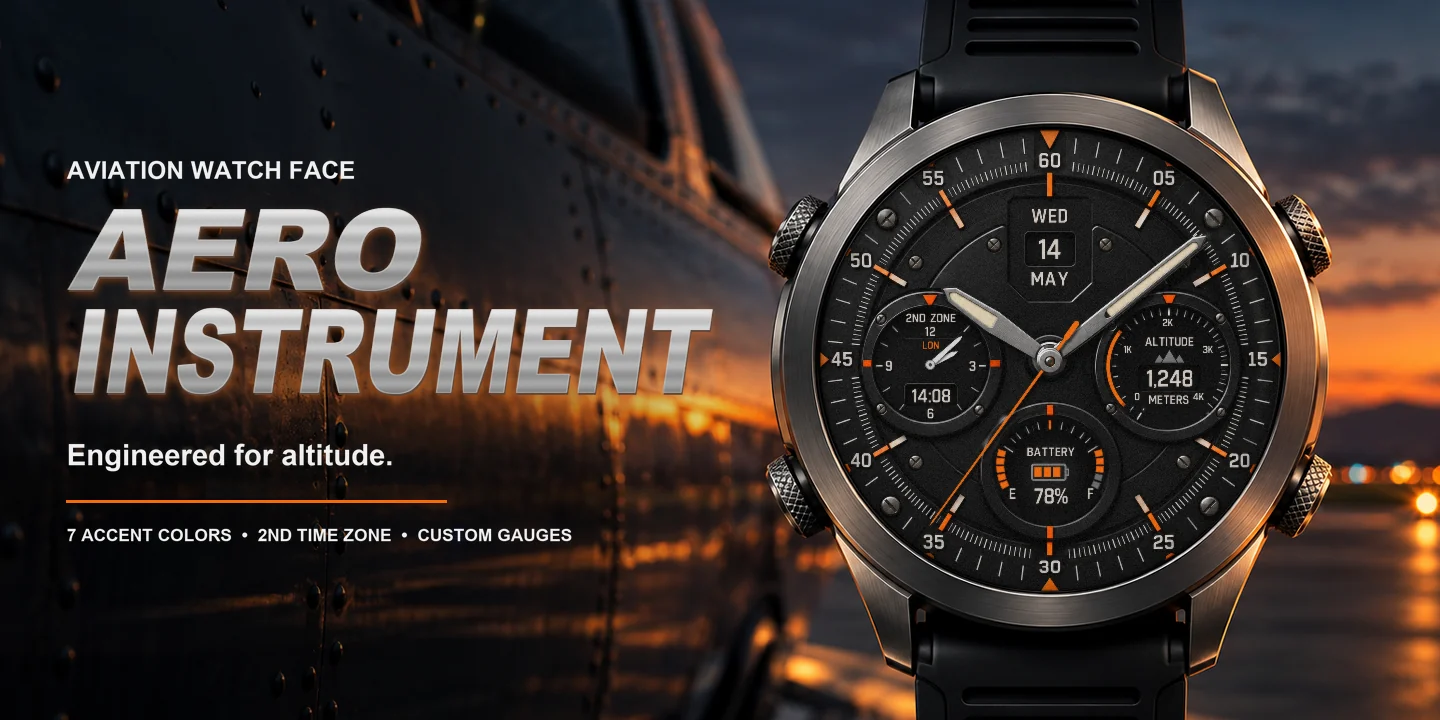 Aero Instrument an der Uhr, neben einem Flugzeug bei Sonnenuntergang