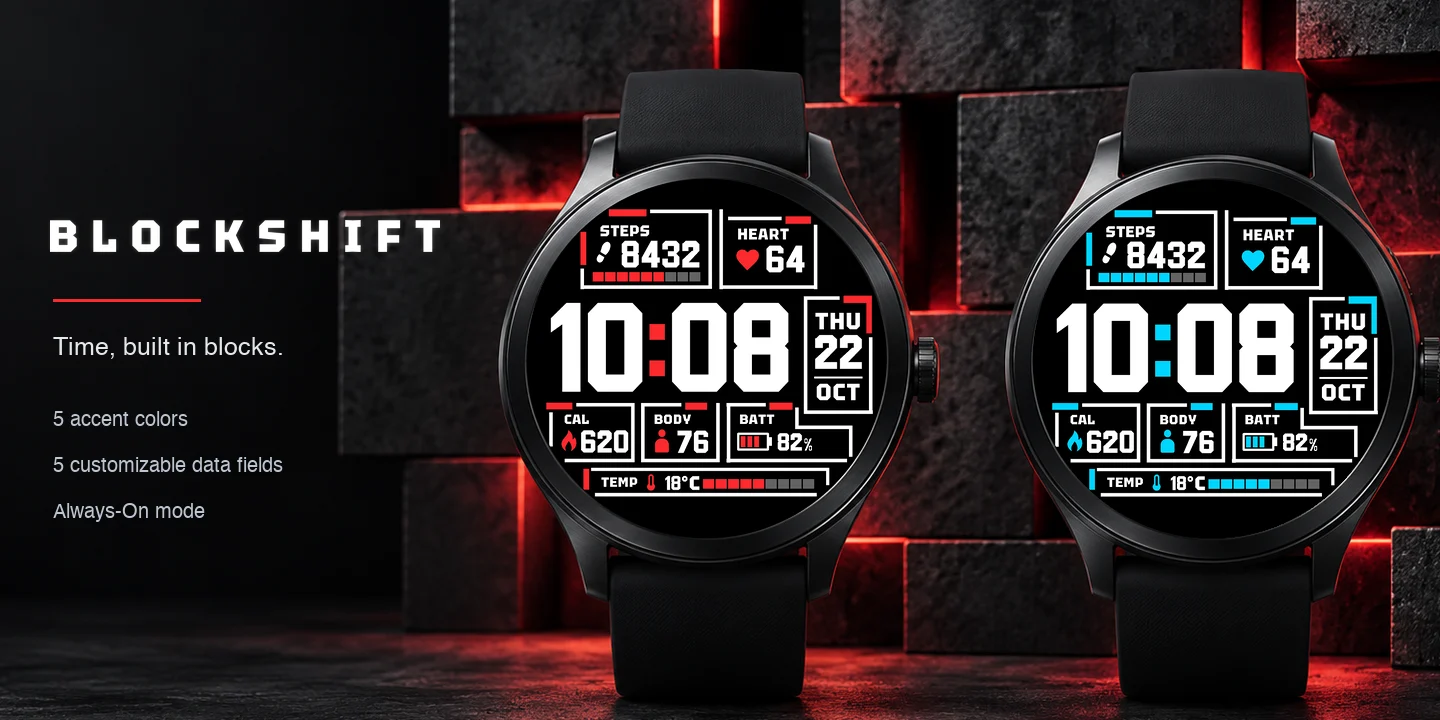 Blockshift en relojes de varios colores de acento, corchetes blancos con una hora enorme en dígitos de bloque y cajas de datos