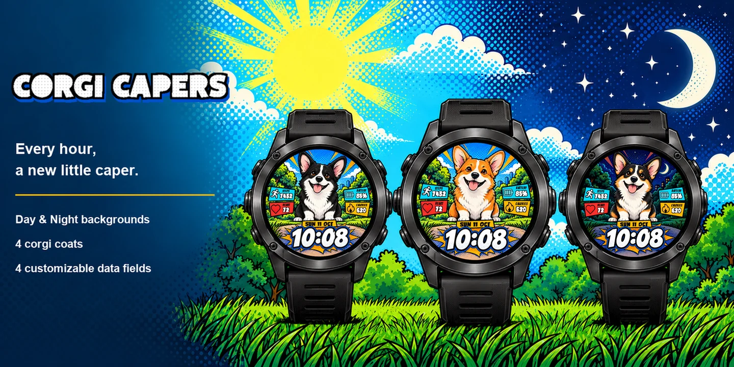 Corgi Capers on three watches: Black Day, Red Day and Tricolor Night
