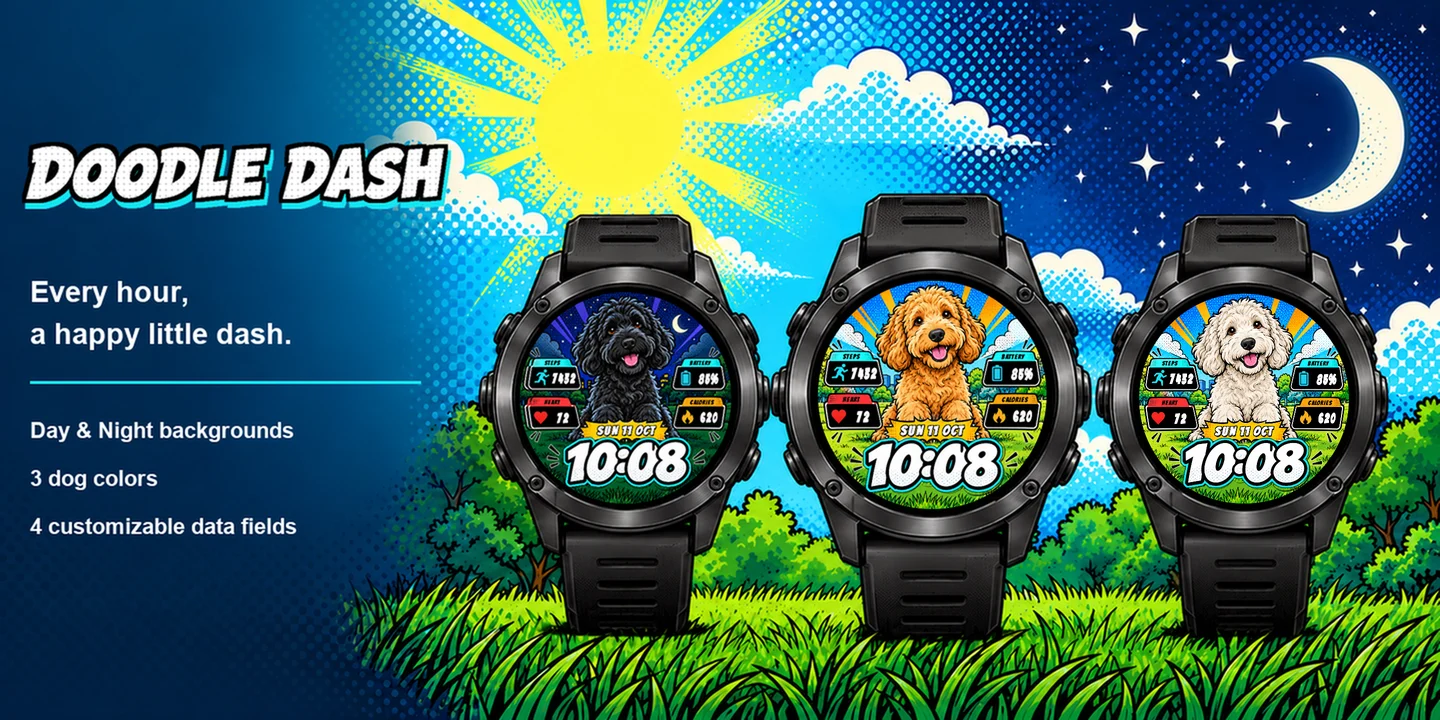 Doodle Dash en tres relojes: Negro Noche, Dorado Día y Blanco Día