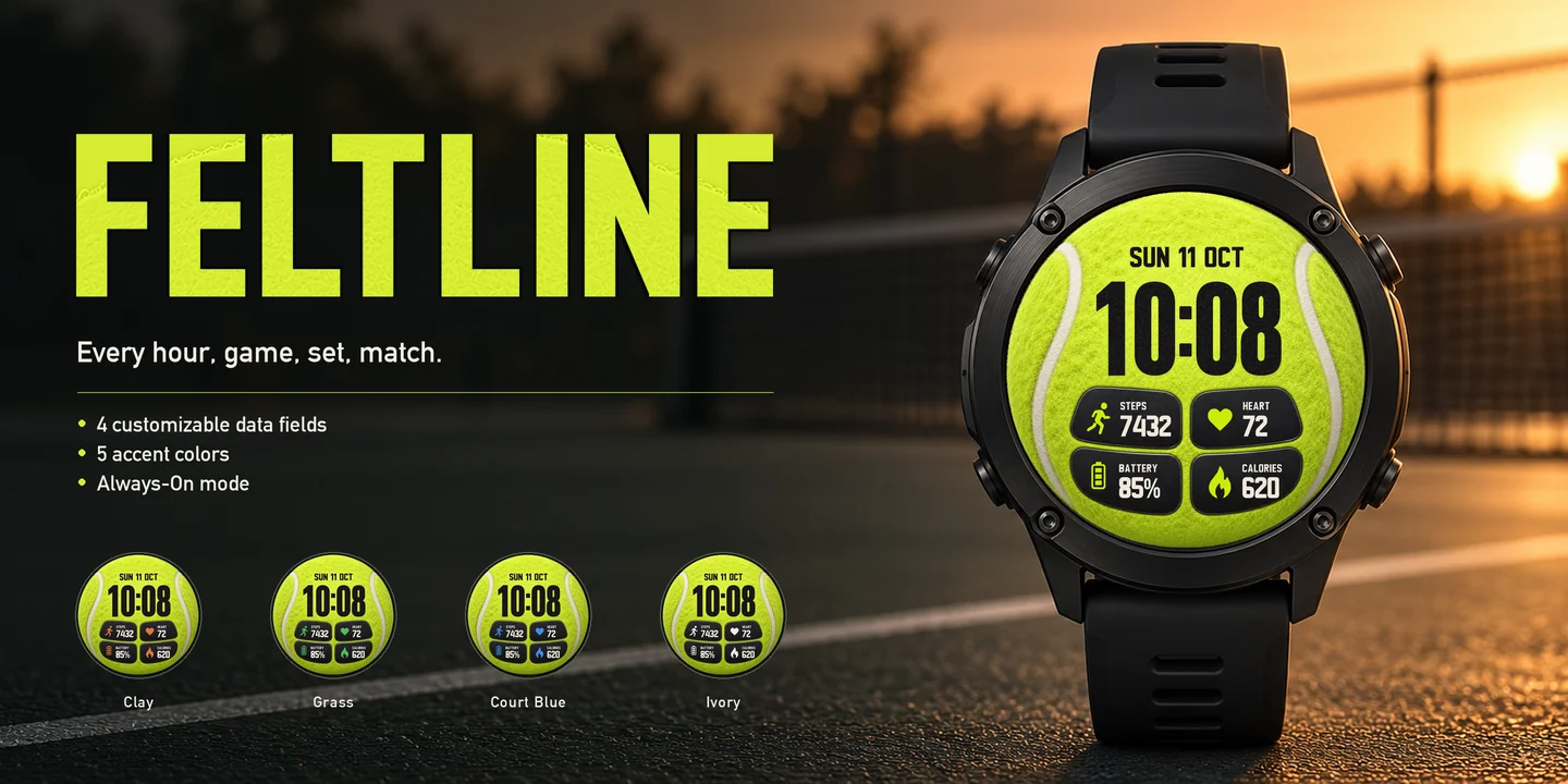 Feltline on a watch, tennis court at dusk