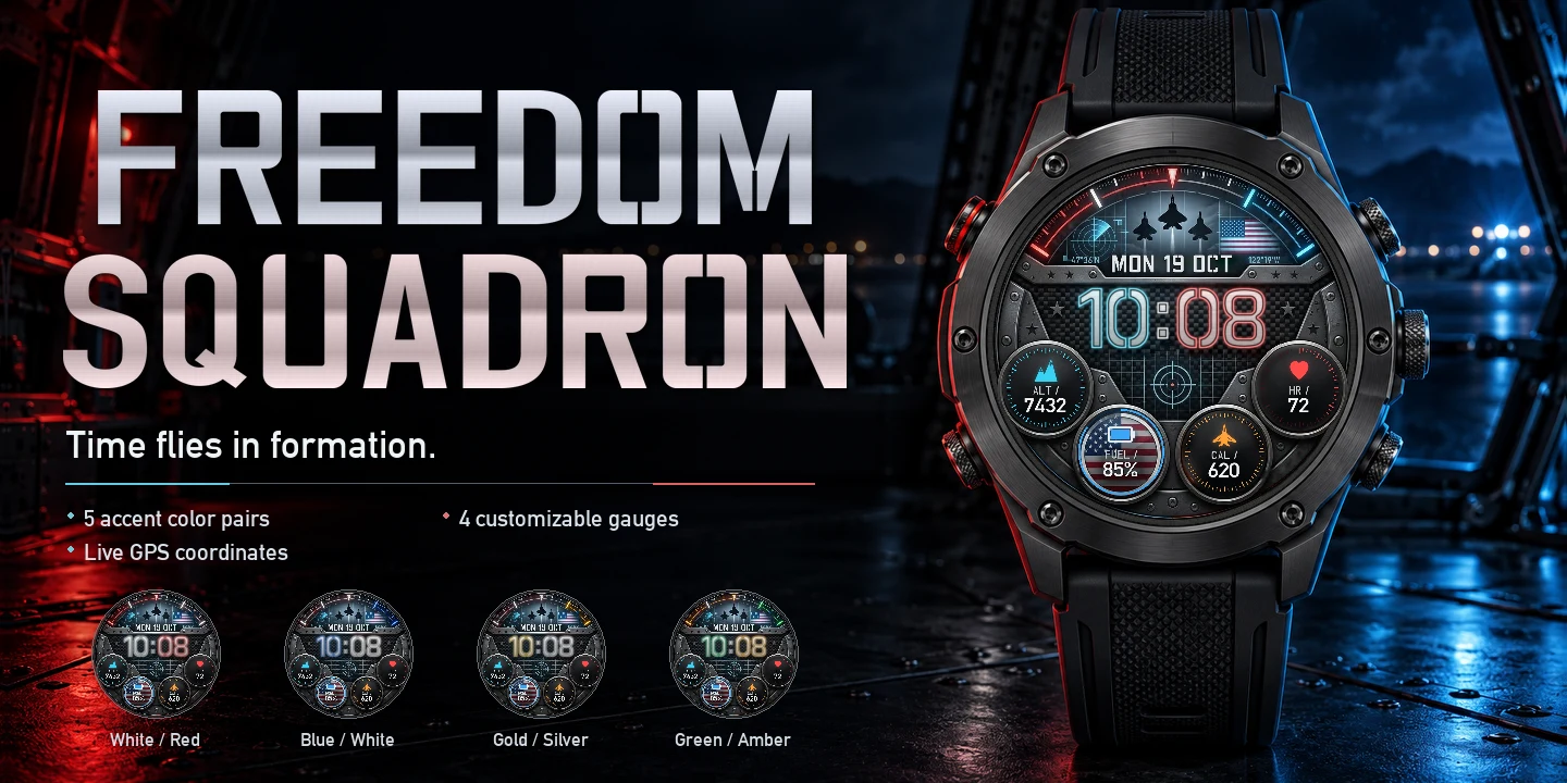 Freedom Squadron en el reloj, tres cazas en formación sobre fibra de carbono con luz roja y cian