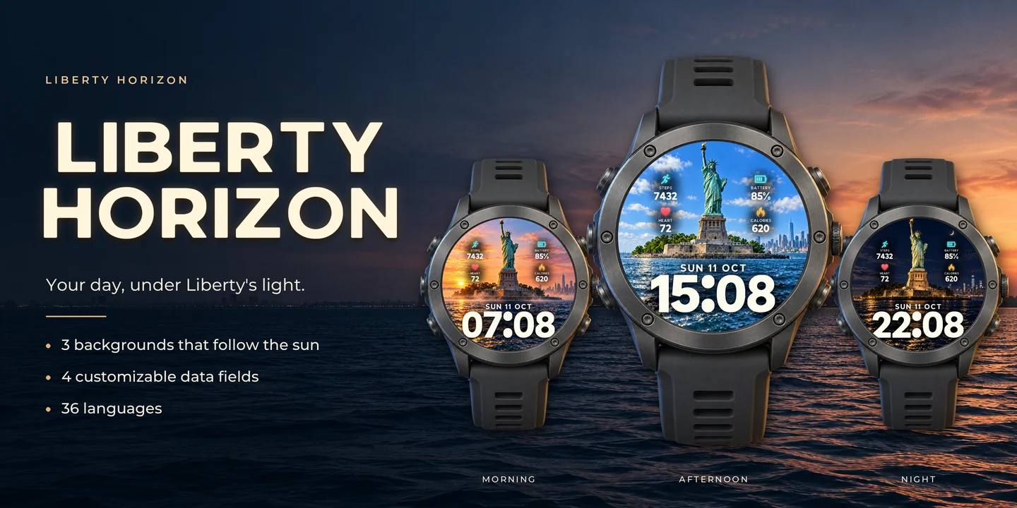 Liberty Horizon on three watches: Morning, Afternoon and Night