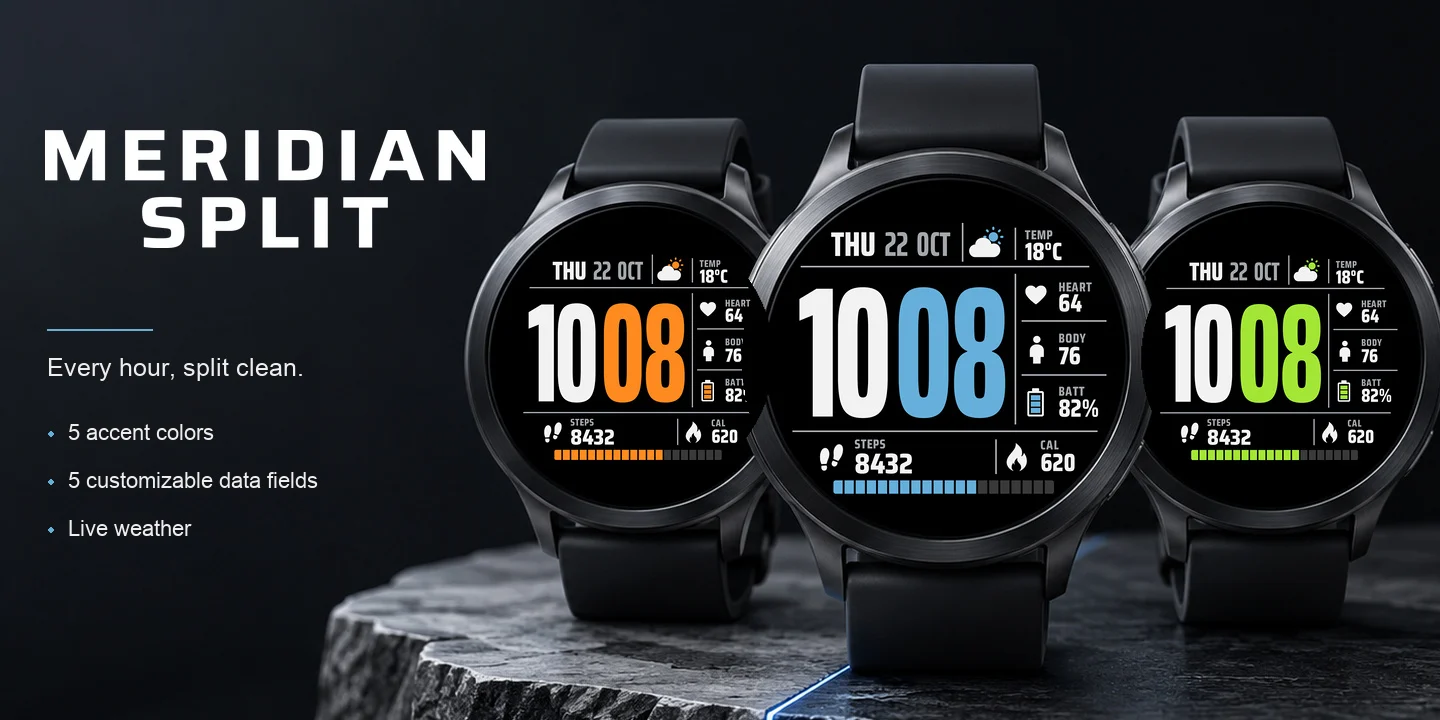 Meridian Split on watches in several accent colors, a tall two-tone time with weather and data fields split by thin grey lines
