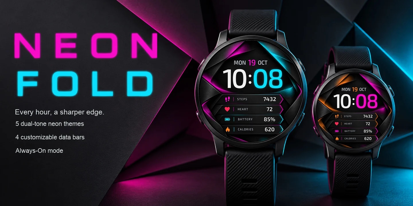 Neon Fold on two watches, folded graphite layers with magenta and cyan neon edges and four data bars