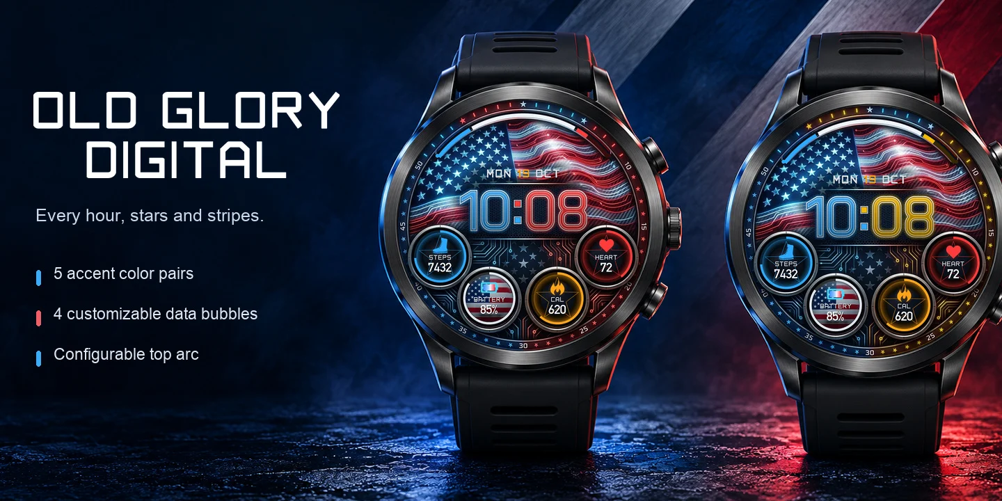 Old Glory Digital en dos relojes, una bandera estadounidense digital brillante sobre la hora en azul y rojo