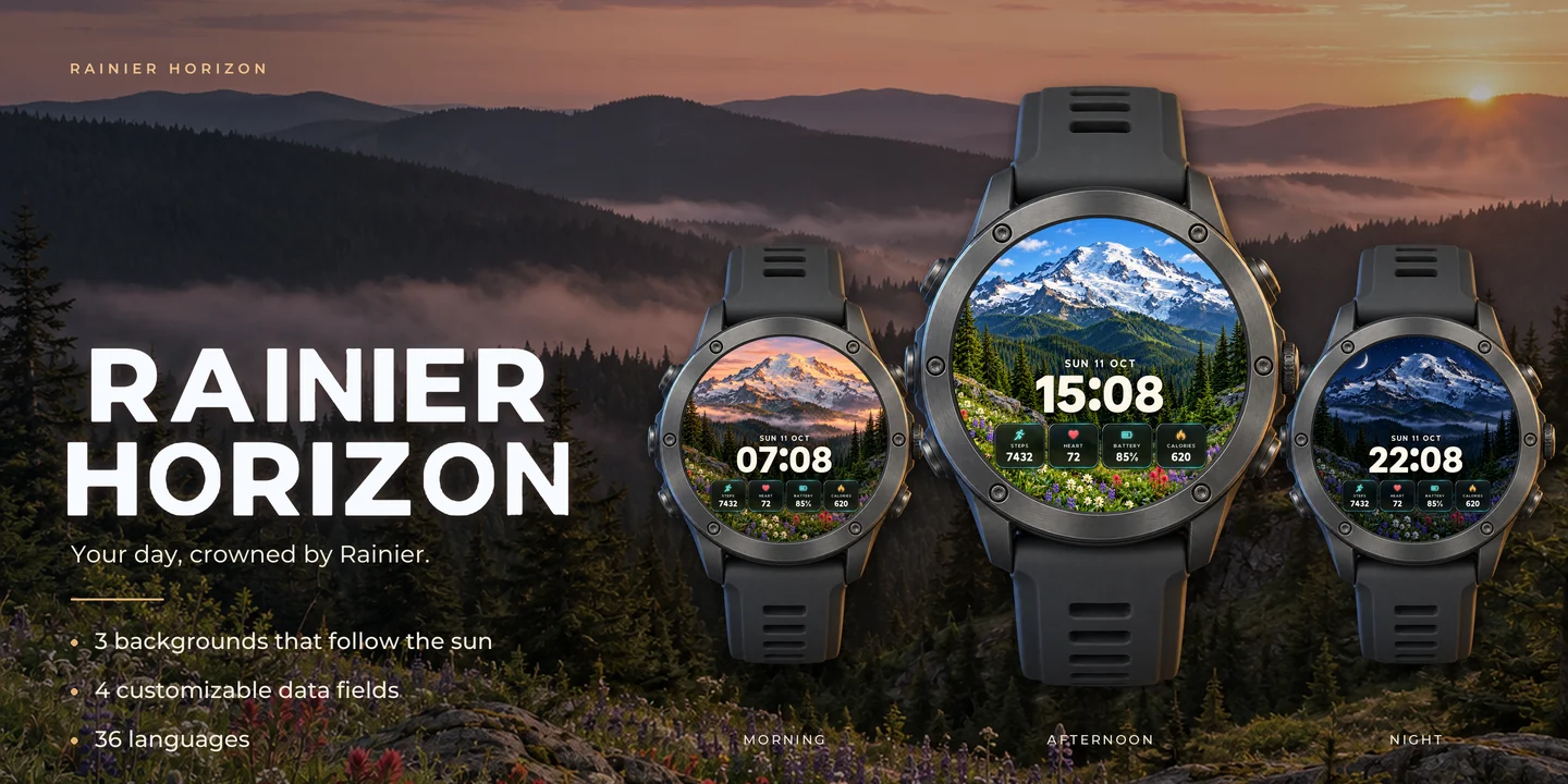 Rainier Horizon an drei Uhren: Morgen, Nachmittag und Nacht