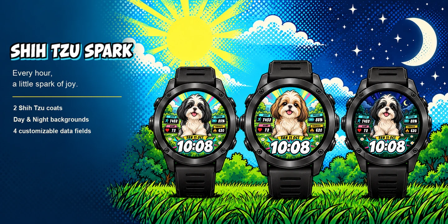 Shih Tzu Spark sur trois montres : Noir Jour, Marron Jour et Noir Nuit
