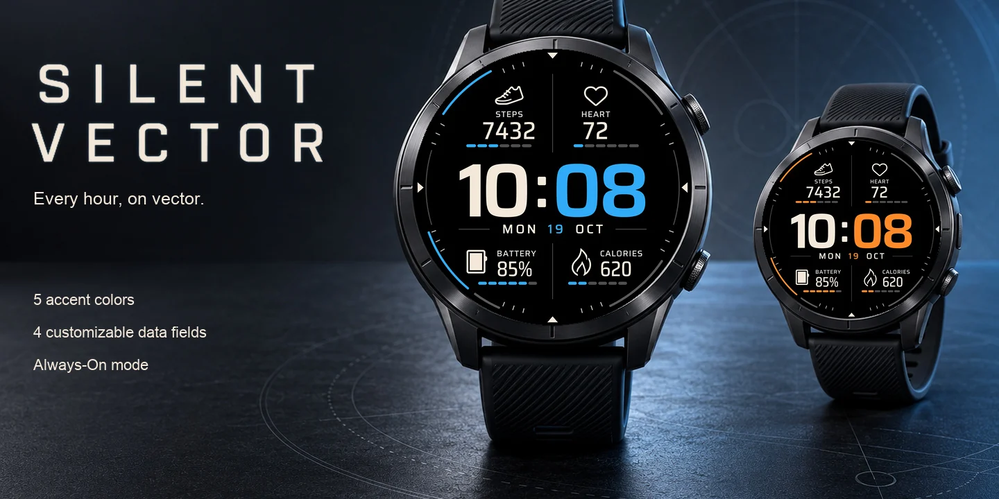 Silent Vector on two watches, pure black with cream hours, blue and orange minutes and four data quadrants